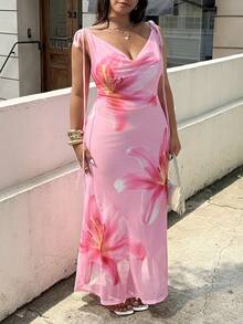 GalTyme Plus Size Floral Print Draped Fitted Summer Sleeveless Dress - Pink - View 8