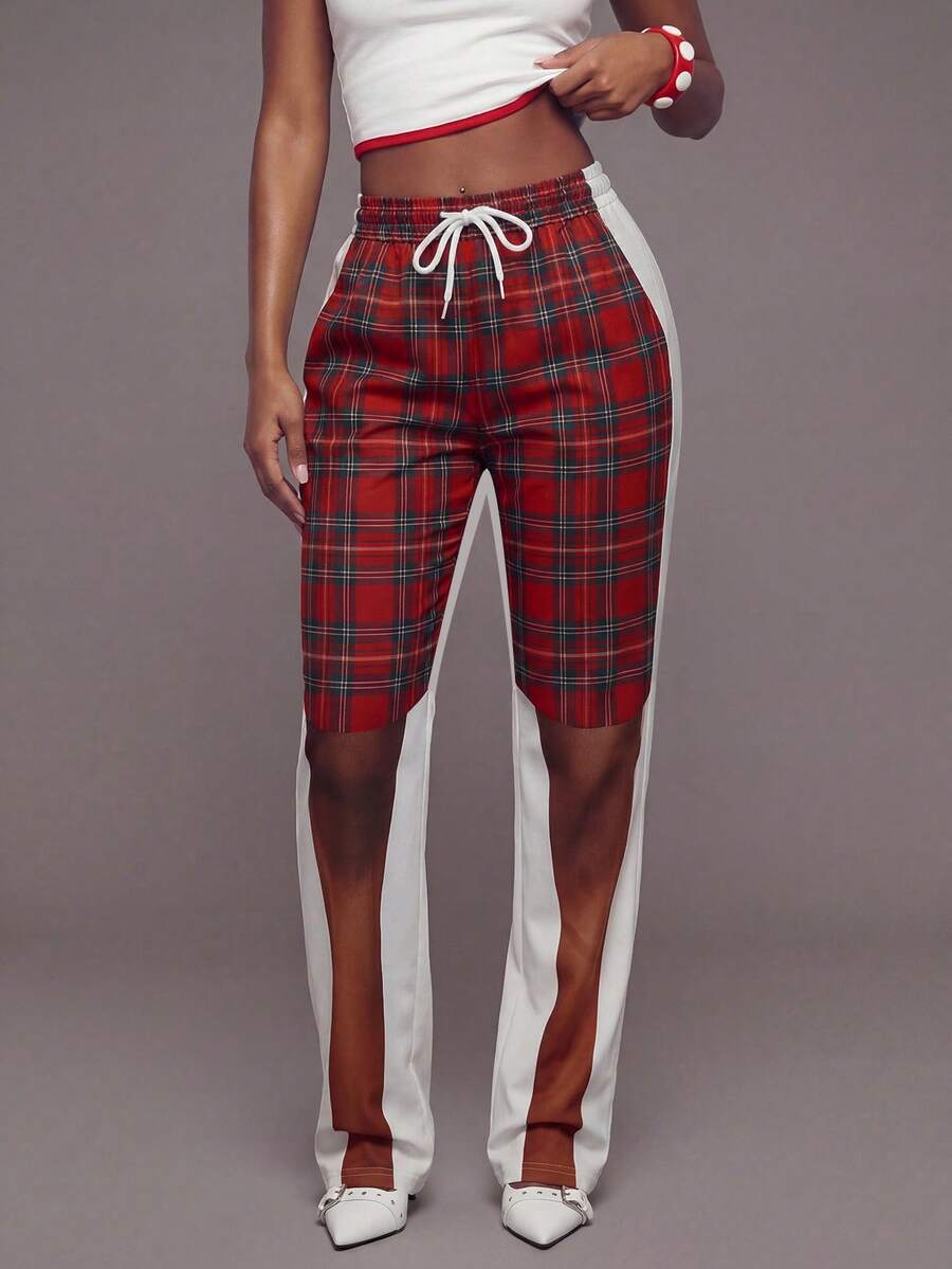Modviera Women's Plaid Loose Straight Leg Pants, Elastic Waist, Flattering Silhouette, Easy To Wear, Spring/Autumn - Multicolor - View 1