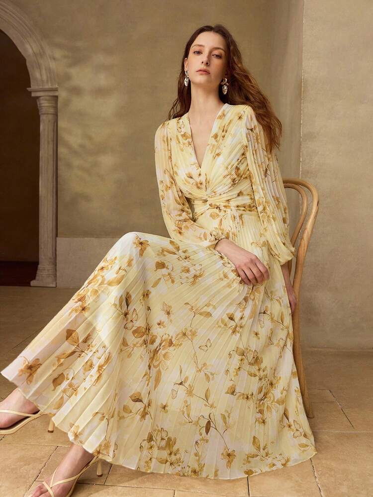 WOMEN'S LONG SLEEVE PLEATED ROMANTIC ELEGANT PRINTED MAXI DRESS, SPRING/SUMMER