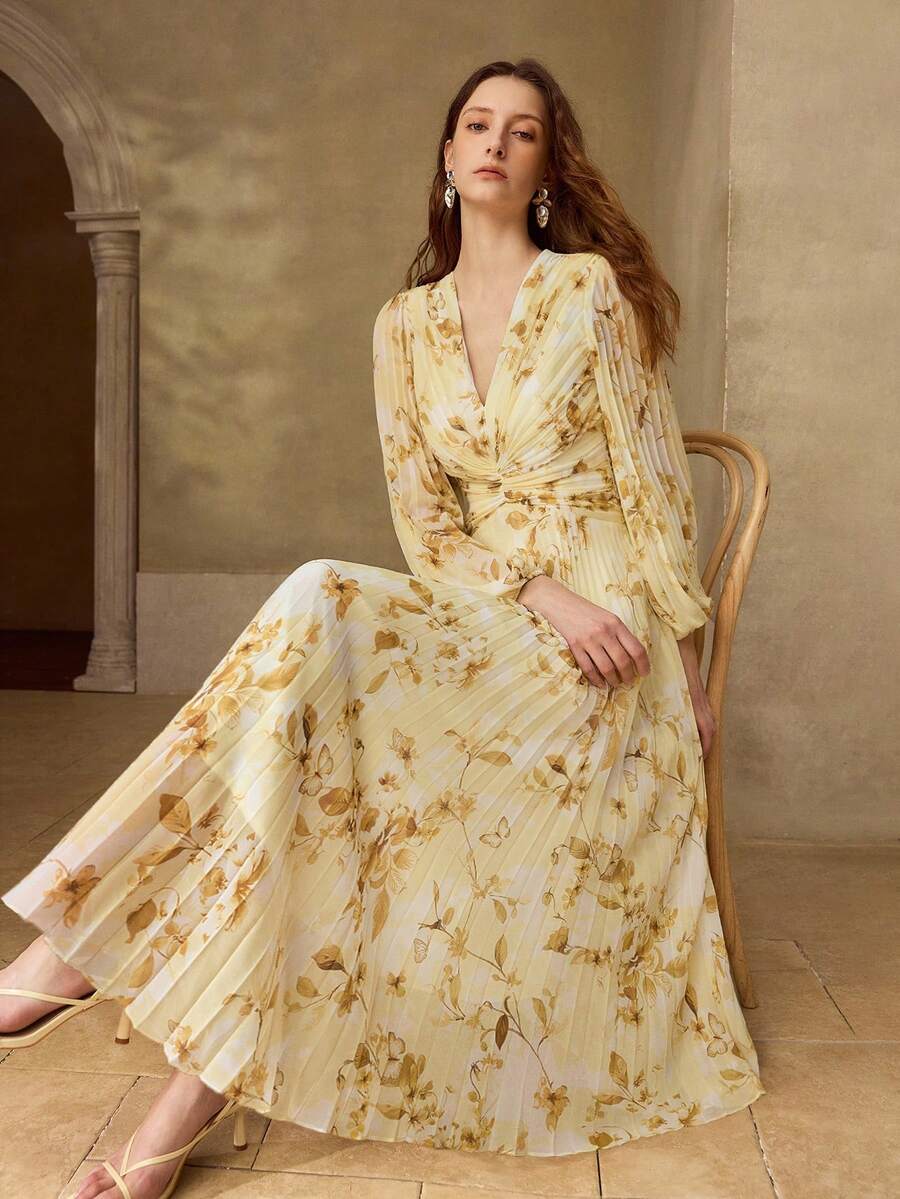 MOTF PREMIUM WOMEN'S LONG SLEEVE PLEATED ROMANTIC ELEGANT PRINTED MAXI DRESS, AUTUMN PARTY VACATION PALE YELLOW - Multicolor - View 2