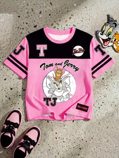 TOM & JERRY X SHEIN GraphicGems Baby Girl Colorblock Cartoon Print T-Shirt, Summer