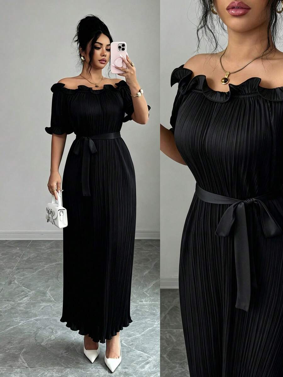 Modelyn Đầm ngắn tay màu sâm panh, trễ vai, viền bèo nhún, thanh lịch - màu đen - Xem 1