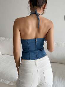 Women's Summer Halter Tie-Up Backless Casual Sleeveless Denim Crop Top - Dark Wash - View 6