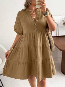 Ceyna Plus Size V-Neck Polo Sleeve Casual Washed Gauze Crinkle Dress - Khaki - View 6