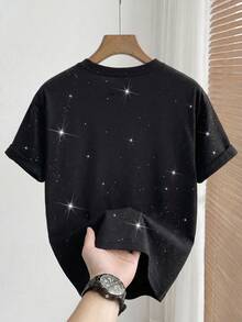 X 男士短袖字母印花圆领T恤，带箔印，夏季洛杉矶T恤，闪光T恤，Y2K T恤，图案T恤 - 黑色 - 查看 2