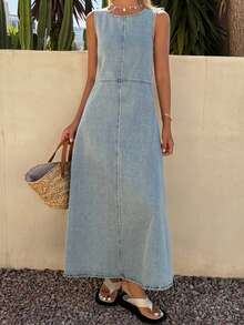 Đầm denim nữ cổ tròn dáng rộng bằng cotton, kiểu dáng thường ngày. - Rửa nhẹ - Xem 7