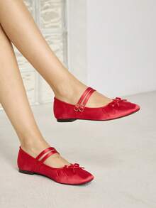MOTF WOMEN'S ELEGANT MINIMALIST COMMUTING SOLID COLOR BOW DECOR DOUBLE BUCKLE STRAPS BALLET FLATS SHOES FOR CHRISTMAS VALENTINE'S DAY - Red - View 8