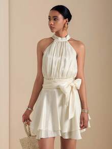 SHEIN Veneréa Đầm ngắn dự tiệc màu mơ thanh lịch không tay, thắt eo, xếp ly, chất liệu mềm mại sang trọng. - Màu be - Xem 6