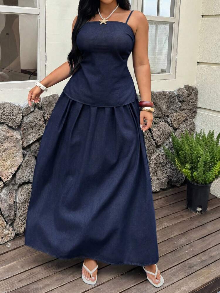 Dazy Plus Dark Washed Western Denim 2-Piece Set, Fitted Camisole Top And A-Line Long Denim Skirt, Casual Resort Style, Plus Size Women, Spring/Summer