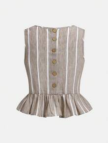 SHEIN Tween Girls' Vacation Casual Khaki Textured Striped Sleeveless Top & Extended Pants Set - Khaki - View 7