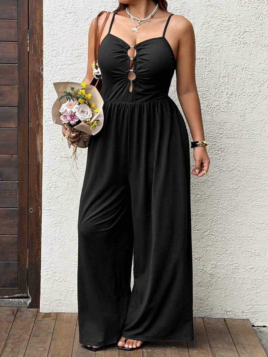 Sunnyshic Mono de pierna ancha sin mangas con pliegues y calado para talla grande de verano - Negro - Ver 1
