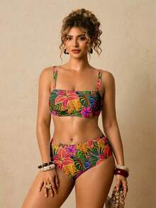 SHEIN TRVLCHIC Bộ đồ bơi gợi cảm in họa tiết rừng nhiệt đới dành cho nữ cỡ lớn, thích hợp cho mùa hè. - Nhiều màu - Xem 6