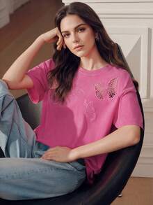 Anewsta Nouveau top tricoté à manches courtes pour femmes, imprimé papillon & coquillage rose, t-shirt tricoté élégant, tenue d'été pour vacances à la plage - Rose bonbon - Voir 7