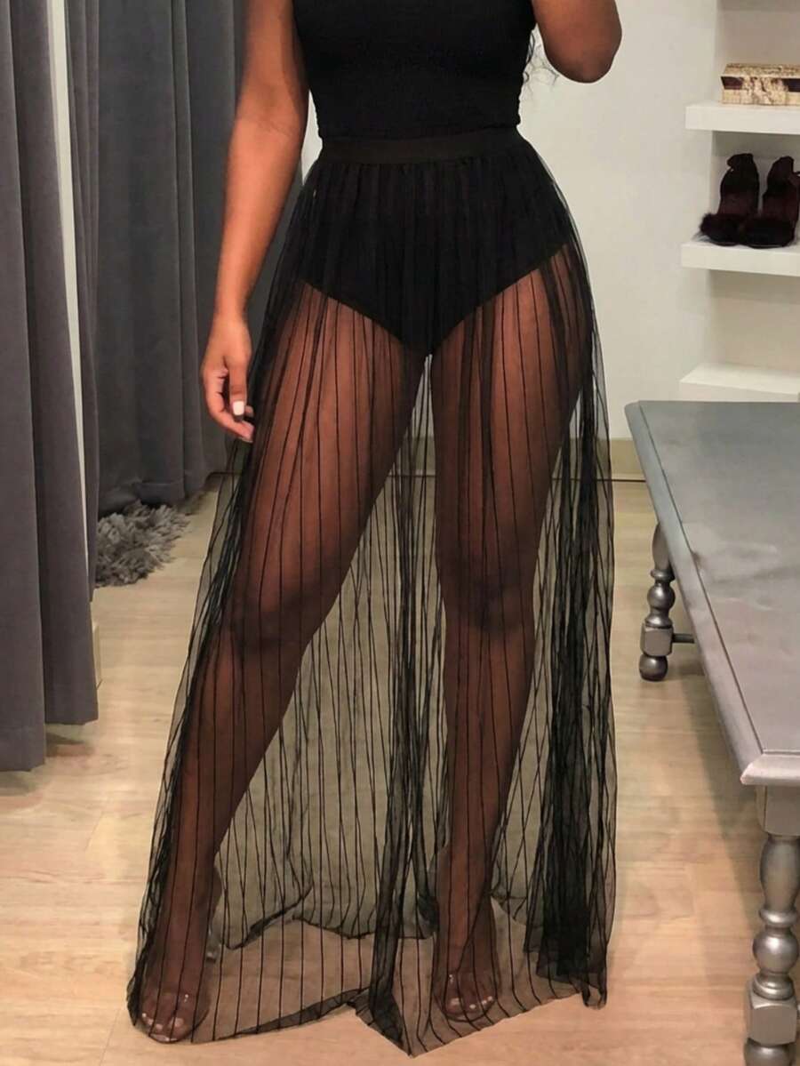 SHEIN SXY Striped Sheer Mesh Skirt Without Panty - Black - View 1