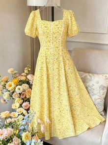 FleurLily Đầm hoa nhí thanh lịch dành cho nữ, cổ vuông, tay phồng, thiết kế thắt eo, chân váy xếp tầng, thời trang và đa năng cho tiệc ngoài trời, đầm kiểu Pháp mùa xuân/hè, đầm hoa vàng, đầm phong cách đồng quê, đầm Belle, đầm vàng cho nữ, đầm lễ Phục sinh cho nữ, đầm nữ - Màu vàng - Xem 6