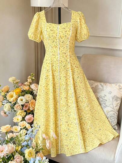 Celure Women's Elegant Ditsy Floral Dress With Square Neck, Puff Sleeves, Waist Cinching Design, Flounce Hem, Fashionable & Versatile For Garden Party, Spring/Summer French Style Dress Yellow Floral Dress Cottagecore Dress Belle Dress Dresses Yellow Dresses For Ladies Women's Easter Dress Women's Dresses