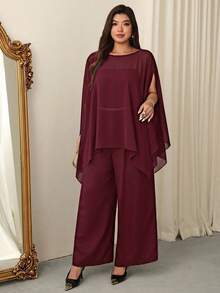 Firerie Plus Size Summer Elegant Mesh Patchwork Asymmetric Hem Shirt - Burgundy - View 7