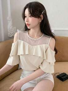DAZY Contrast Mesh Short Sleeve Ruffle Hem Women Blouse - Beige - View 5