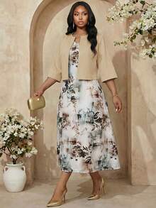 SHEIN Lady 大码优雅纯色外套和印花连衣裙两件套 - 卡其色 - 查看 6