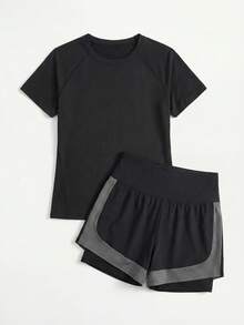 Cheerettes 女士纯色短袖T恤和撞色短裤户外套装 - 黑色 - 查看 5