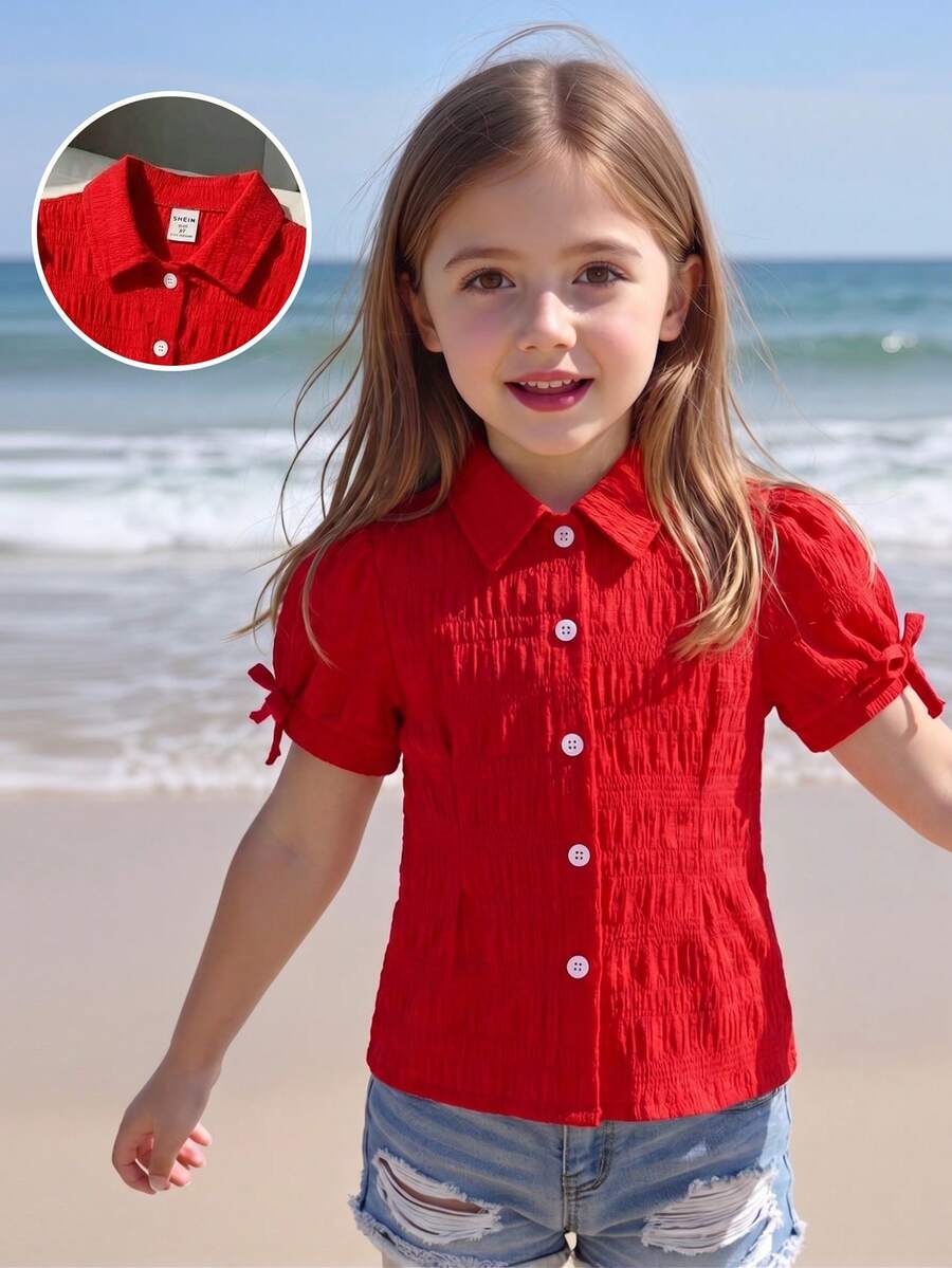 SHEIN Elladie kids 女童红色格子衬衫，蝴蝶结装饰泡泡袖荷叶边下摆，百搭休闲上衣，适合上学、周末郊游或家庭聚会。时尚质感面料，打造日常时尚造型。