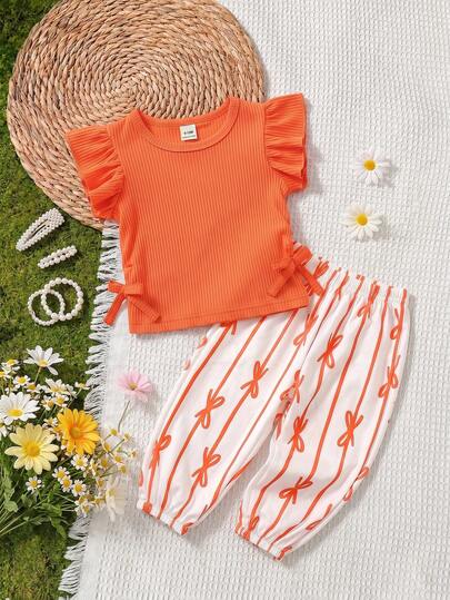 SHEIN Vintaside Kids Bộ 2 món cho bé gái sơ sinh/trẻ nhỏ: áo cổ tròn tay bồng và quần in hình bướm, quần áo trẻ em, trang phục trẻ sơ sinh, thích hợp cho mùa hè, phù hợp cho bé từ 6 tháng đến 3 tuổi.