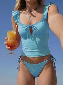 Swim Mod 26SS Spring/Summer Vacation Beach Cute Red Plaid Bow Tie Sleeveless Strap Bikini Top - Blue - View 9