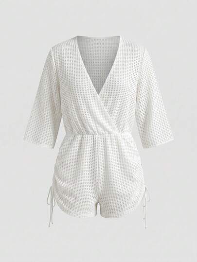 Sweetra 夏季服装 夏季海滩 女式纯色抽绳褶皱罩衫