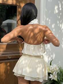 Sunnyshic 女士夏季休闲度假时尚百搭外出派对沙滩连衣裙，热带花卉印花，双层荷叶边下摆，无袖 - 彩色 - 查看 2