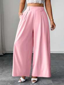 Elenzga Plus Size Casual Solid Color Wide Leg Pants Fall Cloth For Women - Pink - View 5