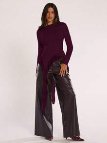 SHEIN BAE Women Solid Color Asymmetric Ruffle Hem Long Sleeve Fitted Top,Summer Top - Maroon - View 5