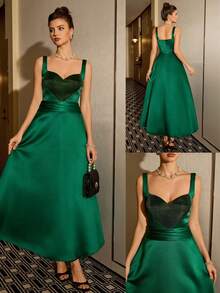Women's Elegant Party Cocktail Dress With Heart-Shaped Waist Pleated Bodice - Dark Green - View 4