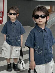 Dazy Kids Áo thun denim rộng rãi, thoải mái cho bé trai, họa tiết ngôi sao, thích hợp cho mùa hè. - Rửa tối - Xem 1