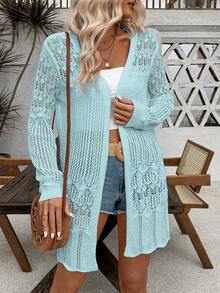 SHEIN LUNE Áo khoác cardigan dài tay nữ màu trơn khoét lỗ, kiểu dáng thường ngày - Màu xanh nhạt - Xem 6