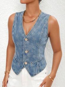 SHEIN Essnce Women's All-Over Print Single-Breasted Casual Versatile Daily Wear Denim Vest Jacket - Blue - View 1