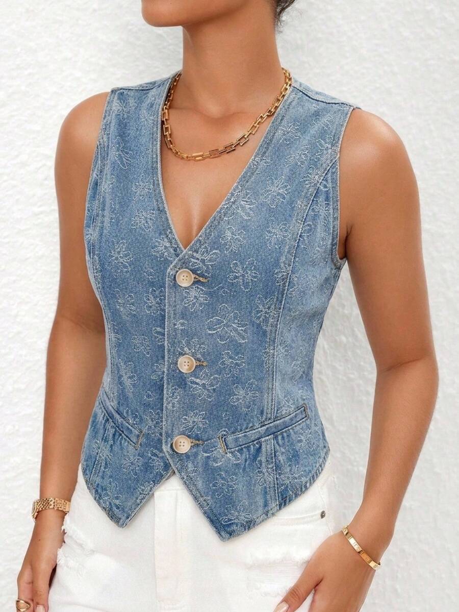 SHEIN Essnce Women's All-Over Print Single-Breasted Casual Versatile Daily Wear Denim Vest Jacket - Blue - View 1