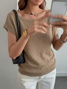 DAZY Women's Elegant Asymmetric Neck Short Sleeve Asymmetric Neck Sweater - Khaki - View 4