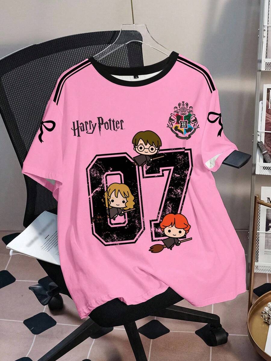 HARRY POTTER X SHEIN 大码女式圆领字母数字印花休闲百搭日常T恤 - 白色 - 查看 1