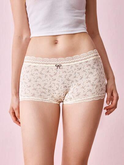 Bonmuse 4pcs Women's Cotton Floral Print Hipster Panties, Cute Bow Decor, Sexy Lace Trim, Comfortable & Minimalist, Suitable For Daily Wear, All-Match Triangle Underwear, Fit For Young & Fresh Style
