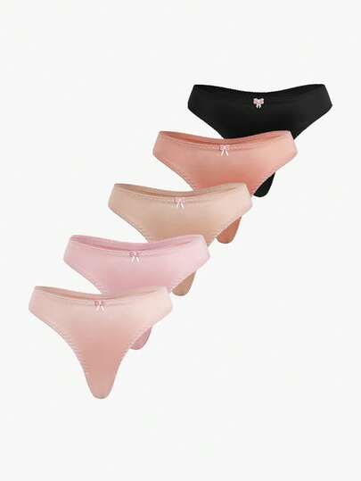 Bisouelle 5pcs/Pack Women's Sexy Satin Panties With Cute Bow Accent, Low-Rise T-Back Design, Fashionable & Comfortable, Suitable For Daily Wear, Dates And Parties, High Cost-Effective, Crotch Comfort, Exquisite Satin Ladies Underwear.