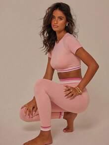 Aralina Women's Striped Raglan Short Sleeve Cropped T-Shirt And Leggings Sports Suit - Pink - View 9