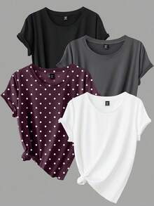 Calvaya Kaos Lengan Pendek Kasual Leher Bulat Ukuran Besar Warna Polos + Motif Polkadot, Musim Panas - MultiWarna - View 1