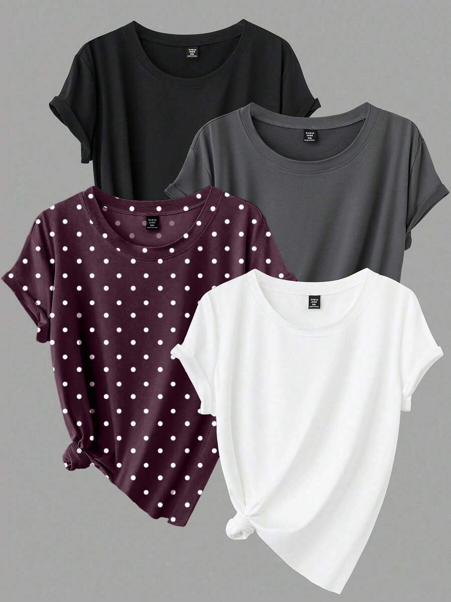 Calvaya Kaos Lengan Pendek Kasual Leher Bulat Ukuran Besar Warna Polos + Motif Polkadot, Musim Panas - MultiWarna - View 1