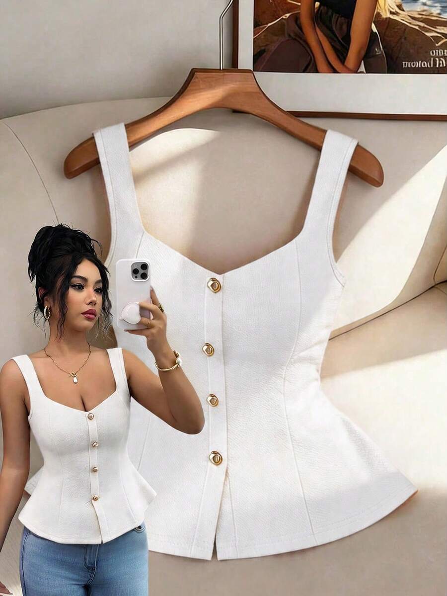 Elenzga Áo tank top nữ thời trang thanh lịch, màu trơn, cổ vuông, cài cúc phía trước, xếp ly ở eo, ôm sát, dây đeo rộng. - trắng - Xem 1