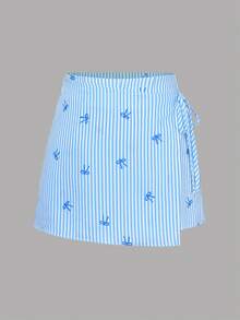 SHEIN K-Vae Váy chữ A cạp cao thắt dây bên hông kẻ sọc mới cho mùa xuân/hè. - Màu xanh nhạt - Xem 1