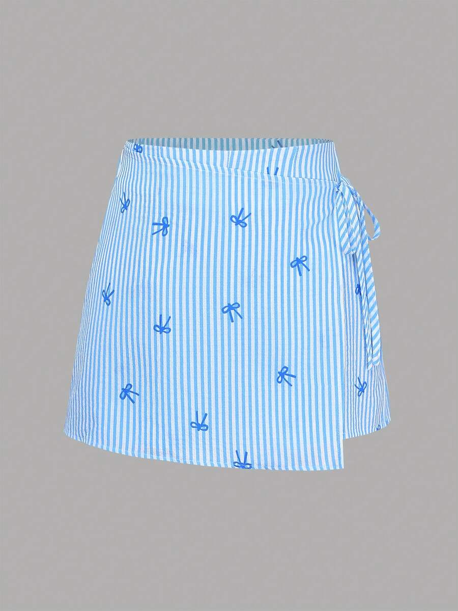 SHEIN K-Vae Váy chữ A cạp cao thắt dây bên hông kẻ sọc mới cho mùa xuân/hè. - Màu xanh nhạt - Xem 1