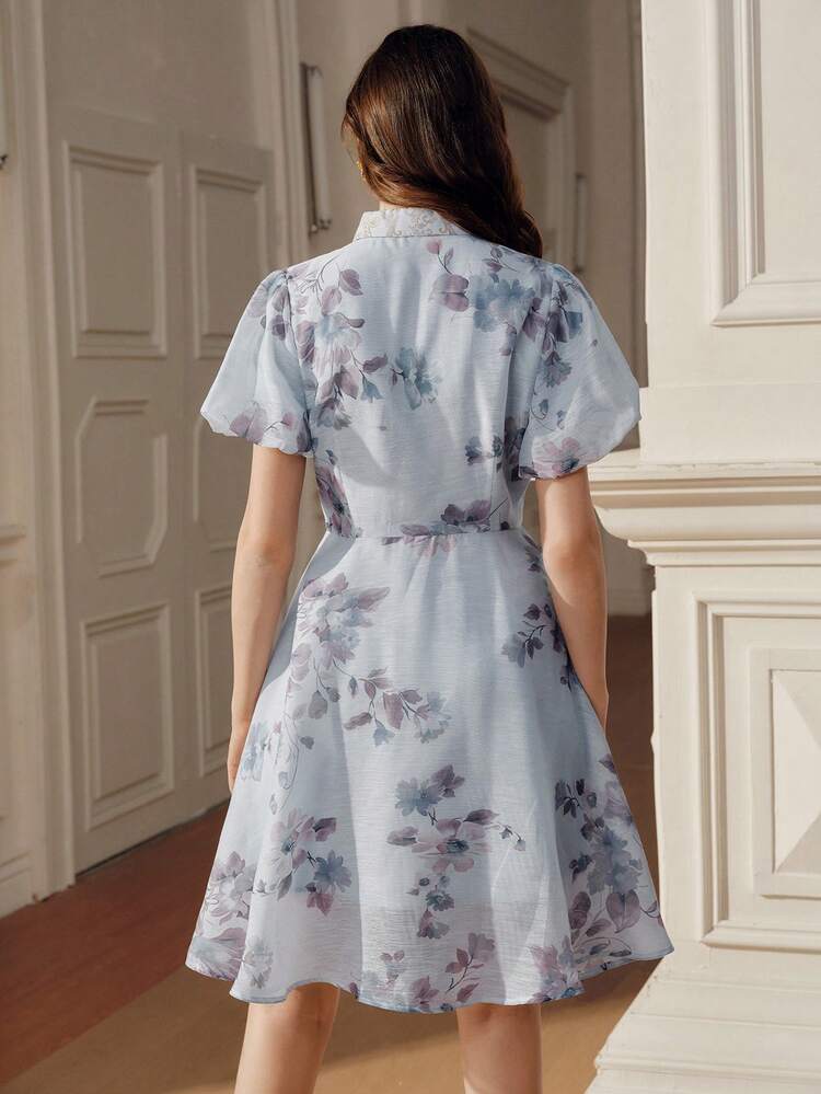 Women's Fashionable Elegant Floral Puff Sleeve Turndown Collar Printed Cinched Waist Short Dress, Formal, Fashionable, Going Out, Party