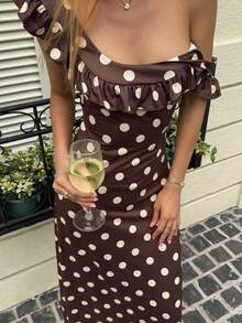 DAZY Women's Summer Frill Trim Polka Dot Fitted Dress Vacation Brown And White Polka Dot Vintage - Rust Brown - View 1