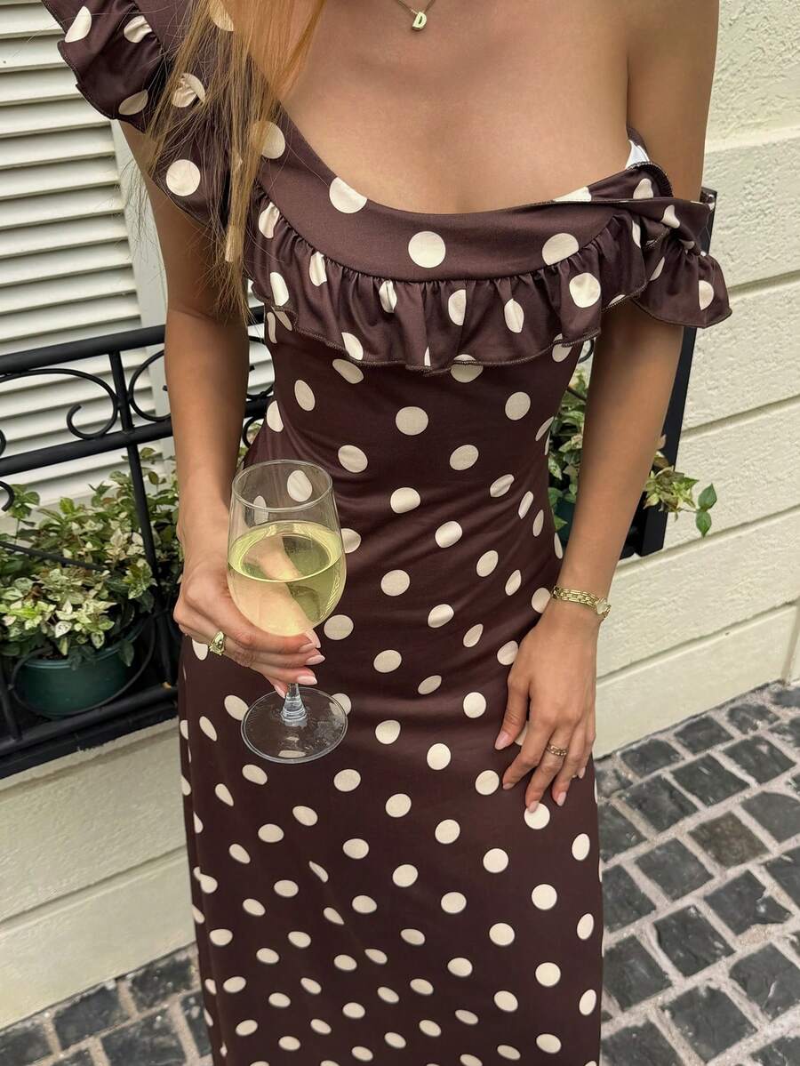 DAZY Women's Summer Frill Trim Polka Dot Fitted Dress Vacation Brown And White Polka Dot Vintage - Rust Brown - View 1