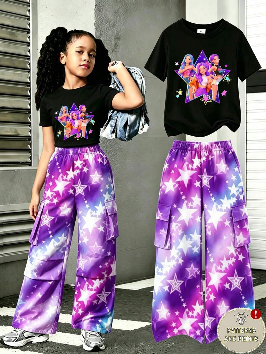 两件套女童时尚星形字母渐变印花短袖上衣和渐变星形印花口袋工装裤套装，适合夏季外出穿着